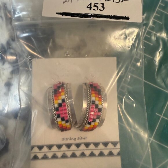 Native American Navajo Handmade Beaded Hoop Sterling Silver Earrings LR New gift - Picture 7 of 7